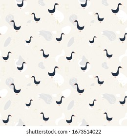Seamless pattern. Navy blue or black cartoon geese on abstract pastel background with dots, lines and round shapes around.