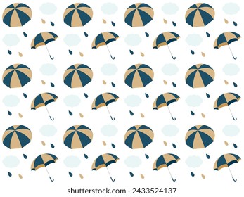 Seamless pattern of navy blue and gold umbrellas and rain clouds. Simple and calm background material inspired by the rainy season.