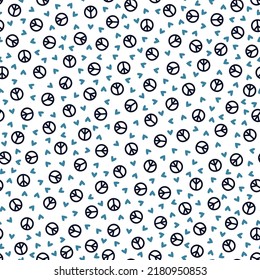 Seamless pattern with navy and blue hearts and peace sign.