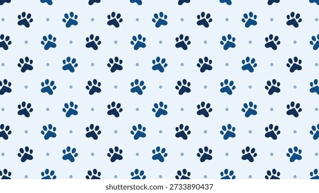 Nahtloses Muster mit blauem Pfotenabdruck und Punkten auf hellblauem Hintergrund. Netter Tierfußabdruck, Vektorgrafik für Haustiergeschäft, Branding, Tapete, Stoffgewebe und Kindergarten-Dekor