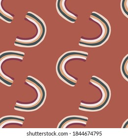 Seamless pattern with navy blue and white colored rainbow shapes. Simple kids ornament on maroon background. Decorative backdrop for fabric design, textile print, wrapping, cover. Vector illustration.