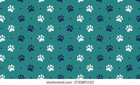 Patrón sin fisuras con estampados de patas en azul marino y blanco sobre un fondo verde azulado oscuro. Vector lindo de la huella animal para la marca de la tienda del animal doméstico, Fondo de pantalla moderno del vivero, y diseño textil creativo