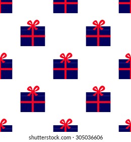 Seamless pattern with navy colored gift boxes with red ribbons and big red bows arranged in staggered rows and isolated on white background