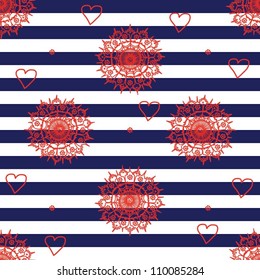 Seamless pattern with navy stripes, flowers and hearts.