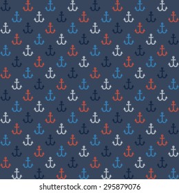 Seamless pattern in navy style - colorful anchors on navy blue background