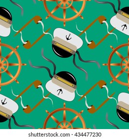 Seamless pattern navy with tobacco pipe steering wheel, anchor and captain hat on blue background vector illustration.