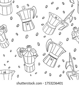 Seamless pattern neapolitan coffee maker and beans