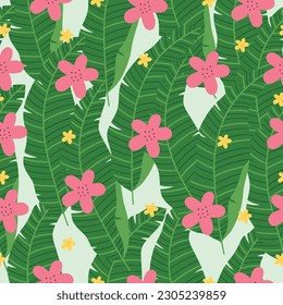 Seamless pattern of neatly arranged green leaves with a few flowers on it. Vector illustration.