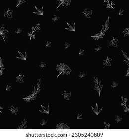 Seamless pattern of neatly arranged leaves against a black background. Vector illustration.