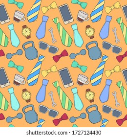 Seamless Pattern with necktie, glasses, clock, bow, smartphone, cup of coffee and kettlebell. Happy Father's Day. For printing wrapping paper, packaging, fabric. Hand Drawn vector illustration.