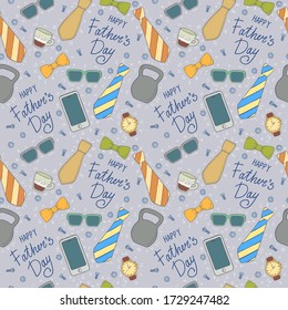 Seamless Pattern with necktie, glasses, clock, bow tie, smartphone, cup of coffee and kettlebell. Happy Father's Day. For printing wrapping paper, packaging, fabric. Hand Drawn vector illustration.