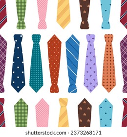 Seamless pattern with neckties. Colored male ties with different ornaments on white background. Business or party accessory. Vector flat illustration