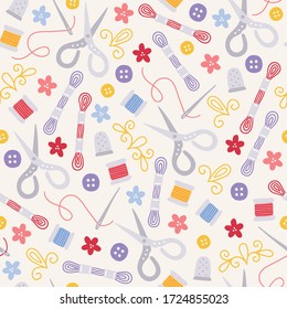 Seamless pattern with needle, button, embroidery, scissors, thimble, flower, thread on beige background. Perfect for handmade work, wallpaper, gift paper, textile, texture. Vector illustration