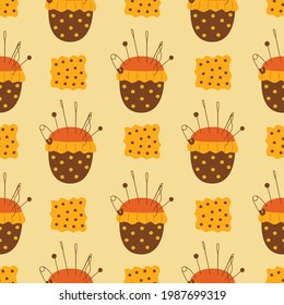 Seamless pattern needle pillow and fabric. Pincushion. Colorful vector illustration hand drawn. Sewing. Wrapping or background