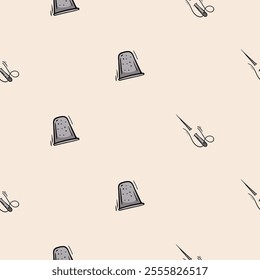 Seamless pattern with needle and thimble. Vector background associated with handmade, needlework. Design for decorations, wrapping paper, print