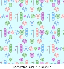 Seamless pattern with needles, buttons, threads. Sewing and needlework background. Template for design, fabric, print.