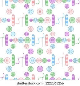 Seamless pattern with needles, buttons, threads. Sewing and needlework background. Template for design, fabric, print.