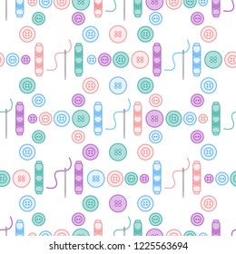Seamless pattern with needles, buttons, threads. Sewing and needlework background. Template for design, fabric, print.