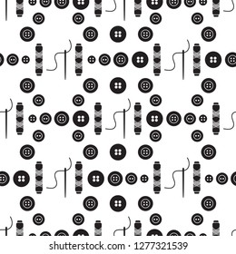 Seamless pattern with needles, buttons, threads. Sewing and needlework background. Template for design, fabric, print.