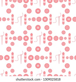 Seamless pattern with needles, buttons, threads. Sewing and needlework background. Template for design, fabric, print.