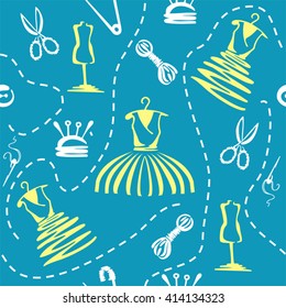 Seamless pattern needlework. Cartoon Sewing tools seamless pattern.Clothing mannequin, scissors, needle, thread, fabric, textile...
