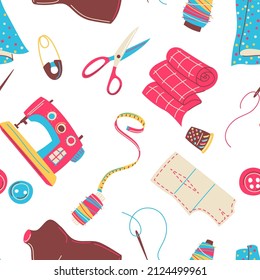 Seamless pattern with needlework sewing items. Handicraft and hand made. Feminine creativity hobby and shopping.