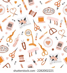 Seamless pattern with needlework tools as scissors, needles, threads, hoops, floss, bobbins. Concept of sewing, embroidery handicraft hobby