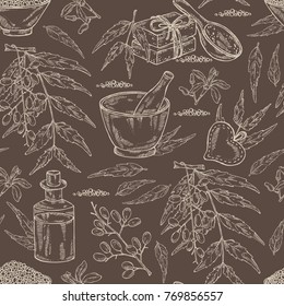 Seamless pattern with with neem: leaves, flower and selling, branch of neem, essential oil, soap, bath salt and mortar and pestle. Cosmetic, perfumery and medical plant