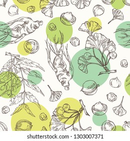 Seamless pattern with neem leaves, macadamia nuts, ginseng root and ginkgo. Cosmetics and medical plant. Vector hand drawn illustration