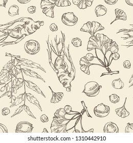 Seamless pattern with neem leaves, macadamia nuts, ginseng root and ginkgo. Cosmetics and medical plant. Vector hand drawn illustration