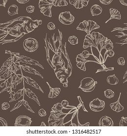 Seamless pattern with neem leaves, macadamia nuts, ginseng root and ginkgo. Cosmetics and medical plant. Vector hand drawn illustration