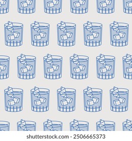 Seamless pattern of negroni cocktail with orange peel, and ice cubes. Line art, retro. Vector illustration for bars, cafes, and restaurants.