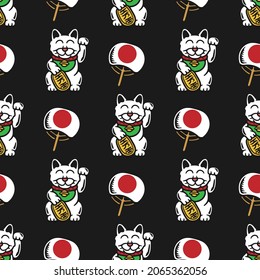 seamless pattern of neko maneki and japanese fan on black background