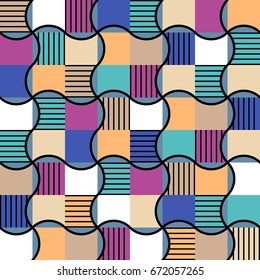 Seamless pattern in neo memphis style. Background in bright palette. Colorful decorative wallpaper with wave shaped elements and stripes. Trendy geometric flat vector illustration for any your design.