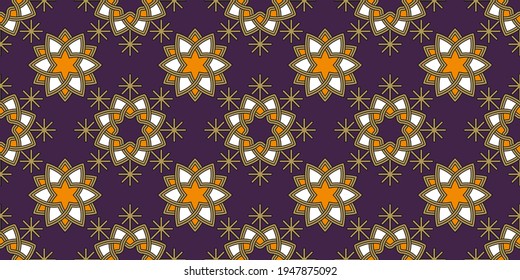 Seamless pattern in neo-Byzantine style. Stylized stars on a purple background. Infinitely wallpaper. Vector 10 eps.