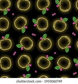 Seamless pattern with neon apple icons on black background. Fruit,  vitamin, summer concept. Vector 10 EPS illustration.