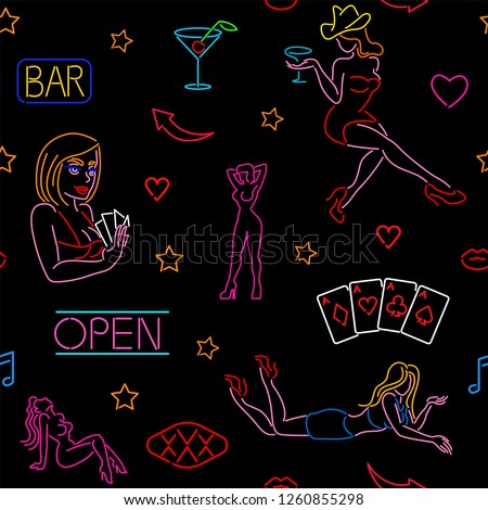 Seamless pattern with neon art, casino, strip club, night club, bar