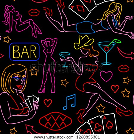 Seamless pattern with neon art, casino, strip club, night club, bar
