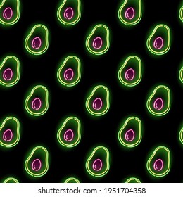 Seamless pattern with neon avocado icons on black background. Health food, keto diet, vegetarian concept. Vector 10 EPS illustration.