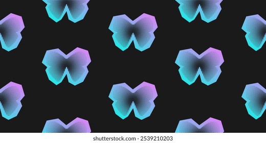 Patrón sin fisuras de arcos de neón en color degradado azul y púrpura sobre fondo oscuro. Impresión estética moderna del diseño del semitono para la materia textil, papel de embalaje, tela, Fondo de pantalla, telón de fondo, cubierta. Vector