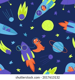 Seamless pattern of neon bright dinosaurs traveling into space on a rocket. Dino travels in a rocket through the galaxy. Children's packaging with a space dinosaur. Flat image illustrations.
