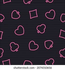 Seamless Pattern Of Neon Card Suits Symbol On Black Brick Wall Background.