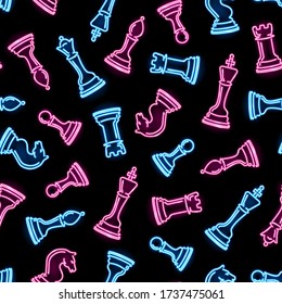 Seamless pattern with neon chess pieces on black background. Chess, strategy, board game concept for wallpaper, wrapping, print. Vector 10 EPS illustration.