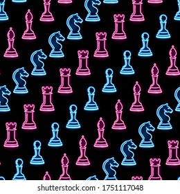 Seamless pattern with neon chess pieces: pawns, rooks, bishops, knights on black background. Chess, strategy, leisure game concept for wallpaper, wrapping, print. Vector 10 EPS illustration.