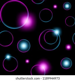 Seamless Pattern of Neon Circles and Shine on Dark Background