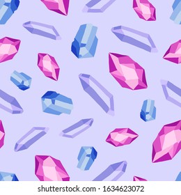 Seamless pattern with neon color crystals gems on a lilac background in a flat style. Illustration for Wallpaper, fabric, textile, packaging paper design. Vector