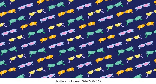 Seamless pattern neon color sunglasses on a dark background. Cool trendy retro 90s design background. Y2k aesthetics wallpaper