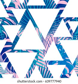 Seamless pattern with neon colored tropical exotic palm leaves on abstract geometric triangular white pink blue style background. Fabric, wrapping paper print. Vector illustration stock vector.