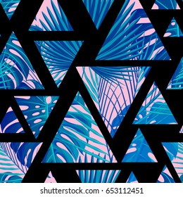 Seamless pattern with neon colored tropical exotic palm leaves on abstract geometric triangular black pink blue style background. Fabric, wrapping paper print. Vector illustration stock vector.