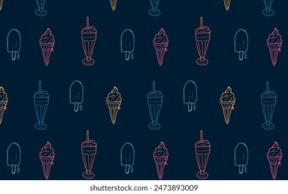 Seamless pattern with neon colours ice cream cones, milkshakes, and popsicles on a dark blue background. Summer dessert theme for design and print.